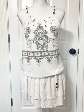 Lascana White Bohemian Paisley Mini Dress Beaded Halter Neck Beach Sundress 8